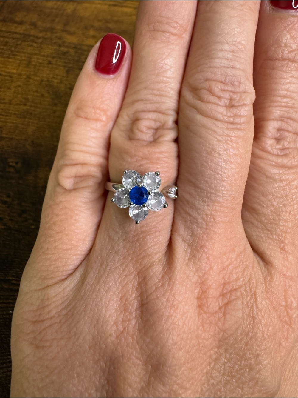 Blue Floral Crystal Spinner Fidget Ring in Silver Tone - Women Jewelry